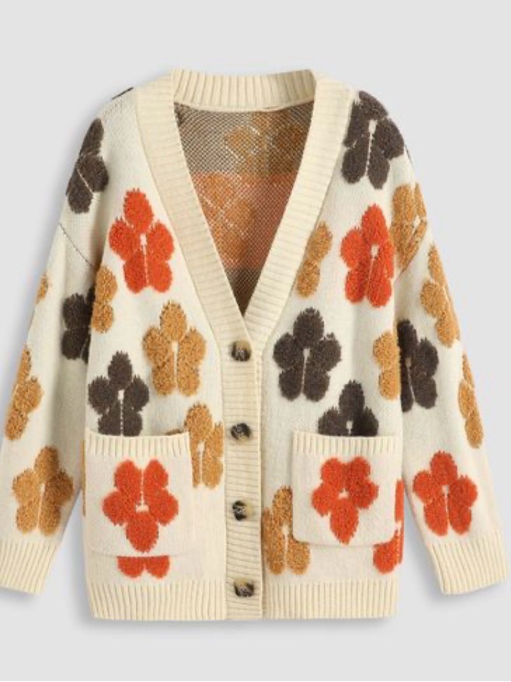 Miss Sparkling Floral Cardigan Sweater Cream Red Taupe Oversized Cozy Size S